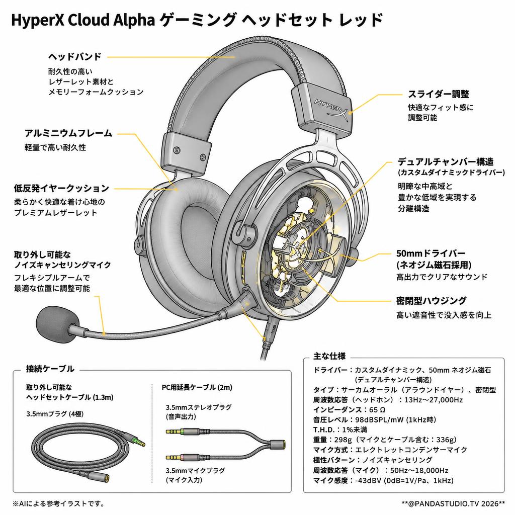 HyperX Cloud Alpha ゲーミング ヘッドセット レッド スペック