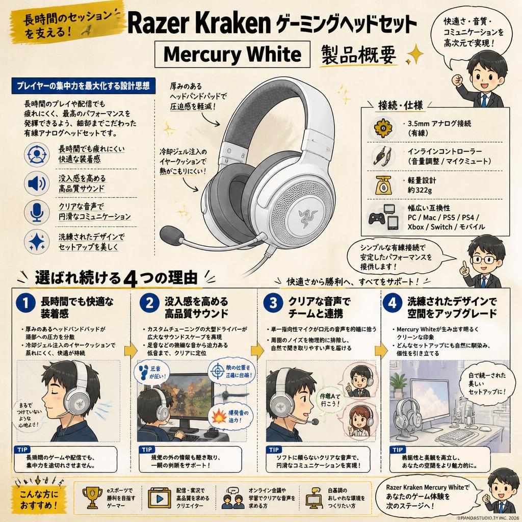 Razer Kraken  ゲーミングヘッドセット Mercury White 概要
