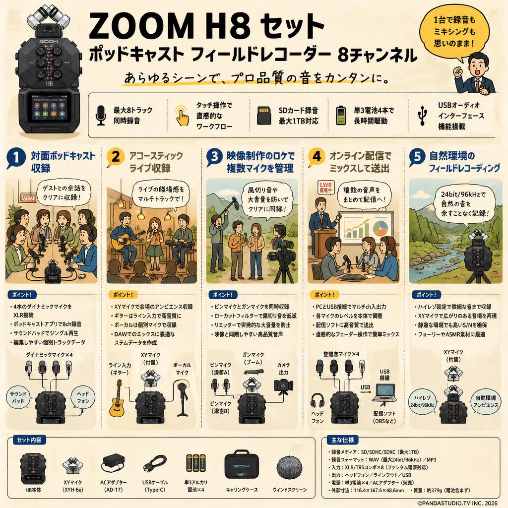 ZOOM H8 セット ポッドキャスト フィールドレコーダー 8チャンネル 用途