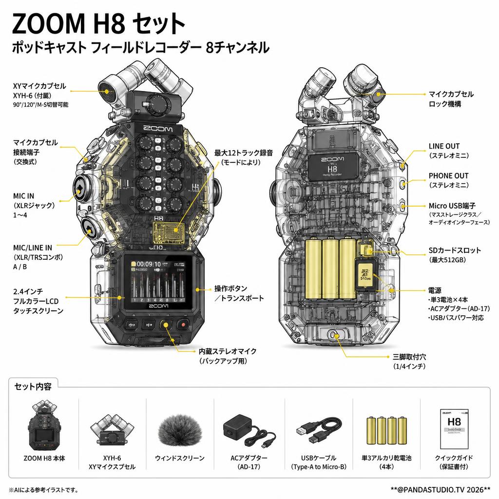 ZOOM H8 セット ポッドキャスト フィールドレコーダー 8チャンネル スペック