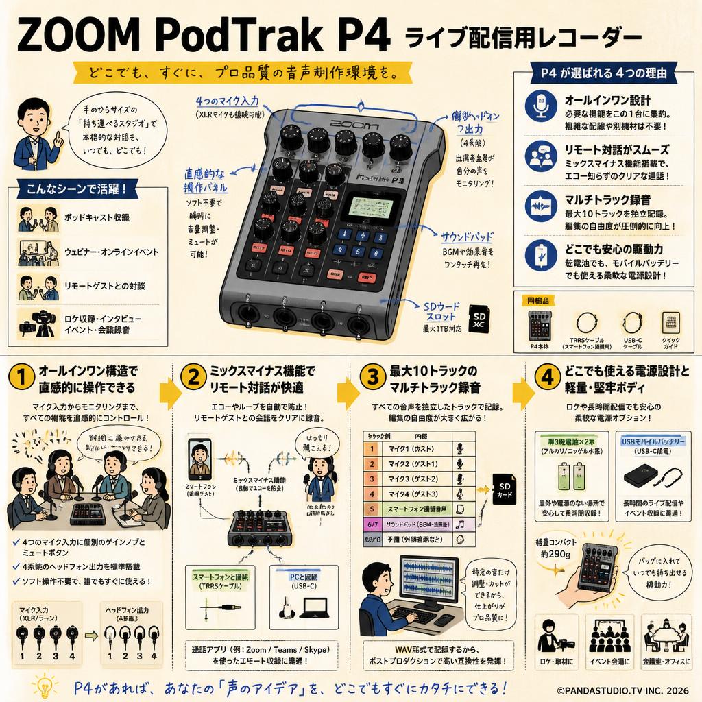 ZOOM  PodTrak P4  ライブ配信用レコーダー 概要