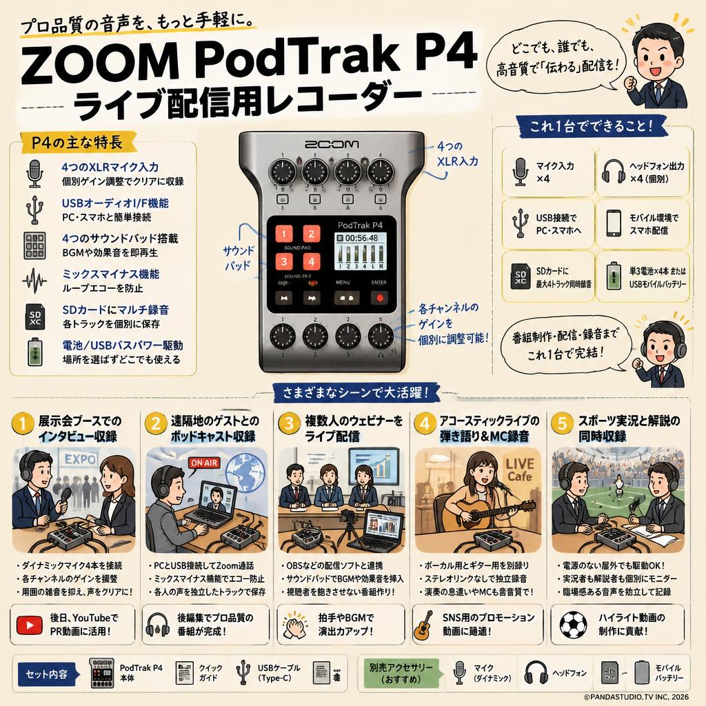 ZOOM  PodTrak P4  ライブ配信用レコーダー 用途