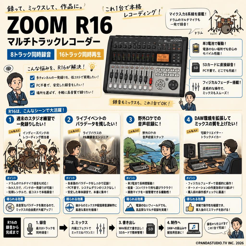 ZOOM  R16 マルチトラックレコーダー 8トラック同時録音 16トラック同時 おもな対象のお客様