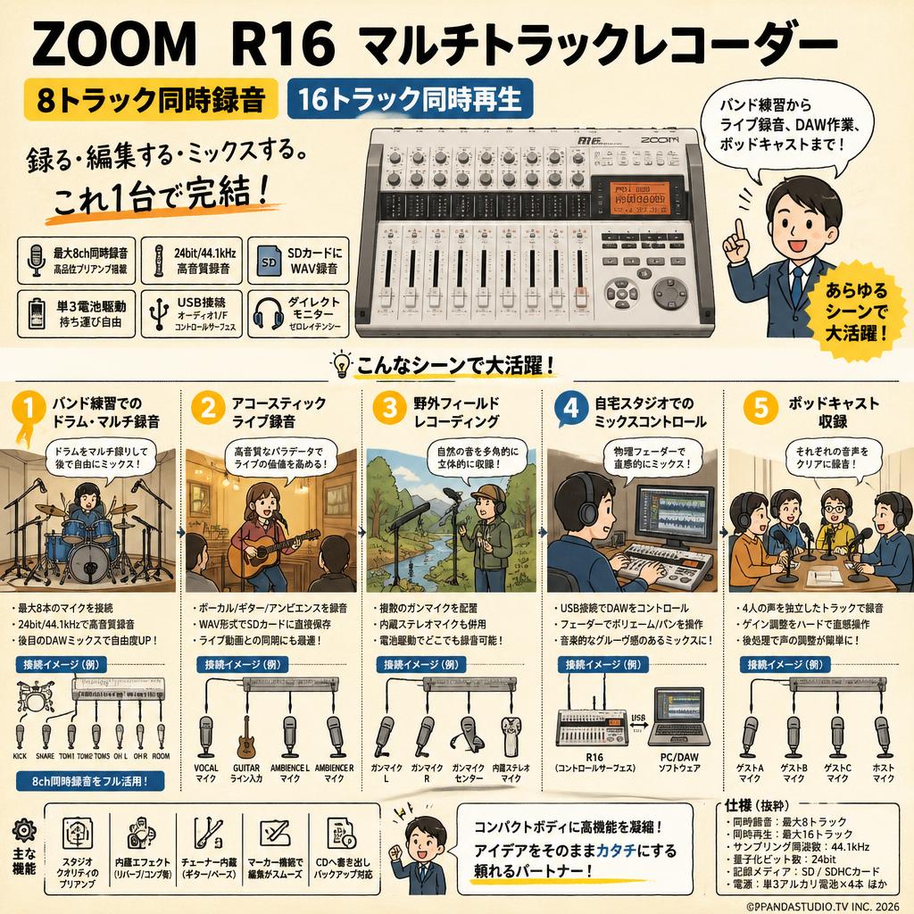 ZOOM  R16 マルチトラックレコーダー 8トラック同時録音 16トラック同時 用途