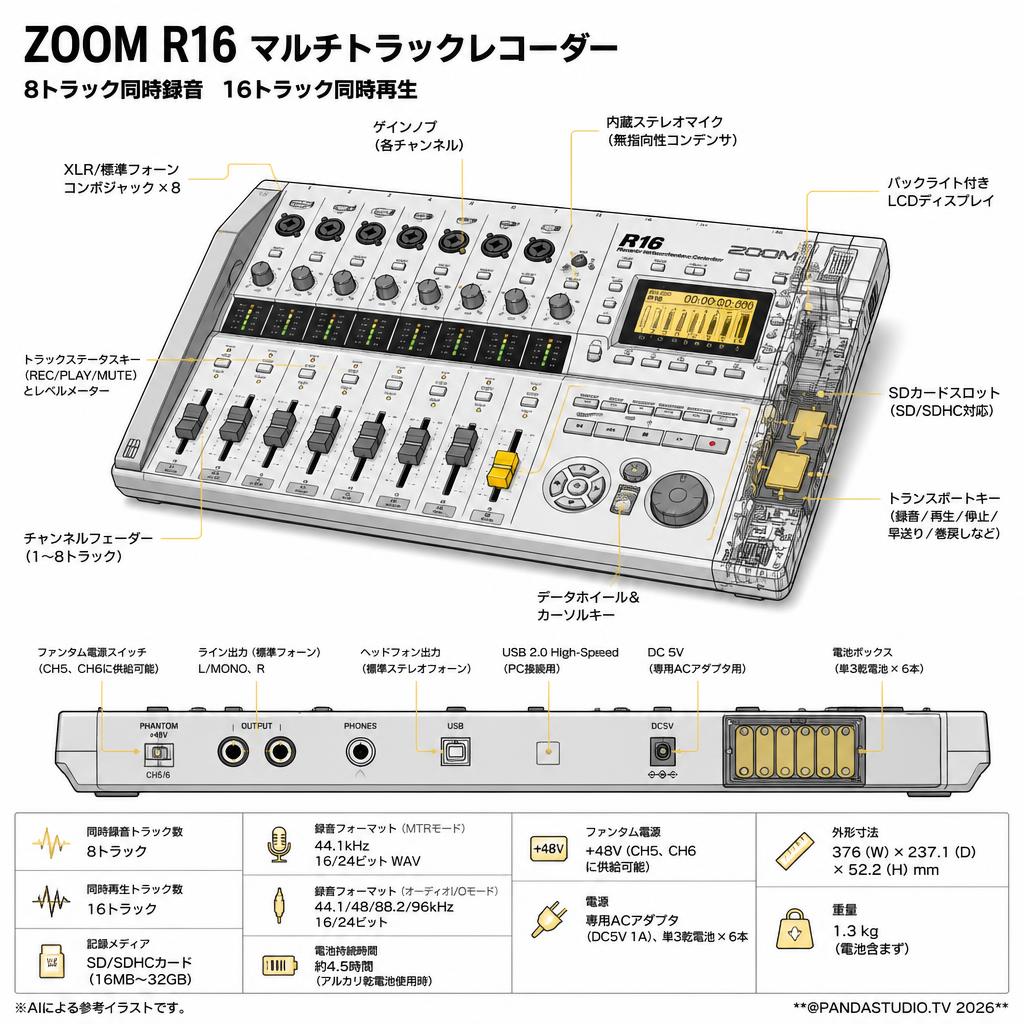 ZOOM  R16 マルチトラックレコーダー 8トラック同時録音 16トラック同時 スペック