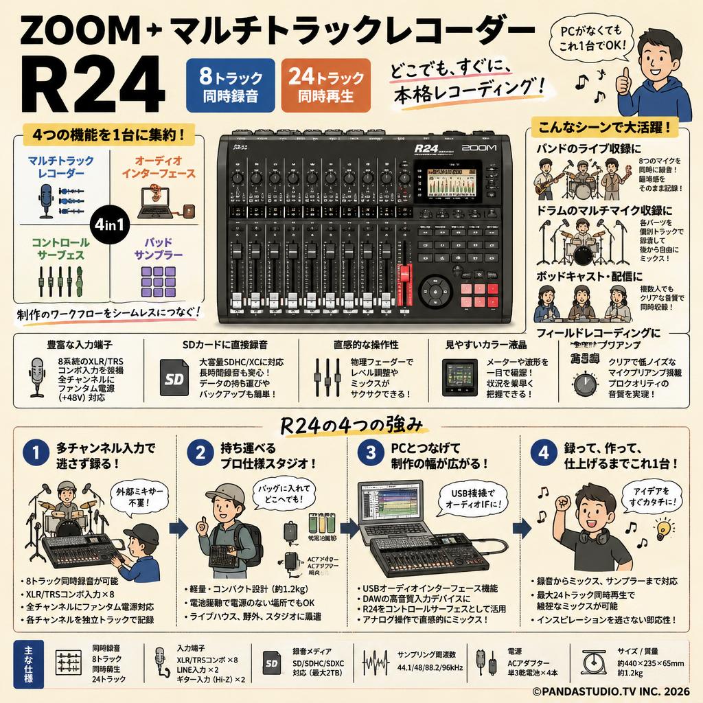 ZOOM  R24 マルチトラックレコーダー 8トラック同時録音 24トラック同時 概要
