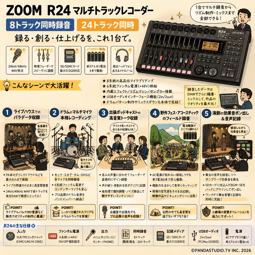 ZOOM  R24 マルチトラックレコーダー 8トラック同時録音 24トラック同時 用途