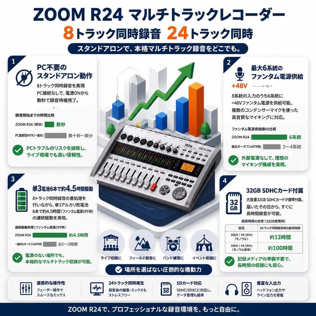 ZOOM  R24 マルチトラックレコーダー 8トラック同時録音 24トラック同時 セールスポイント