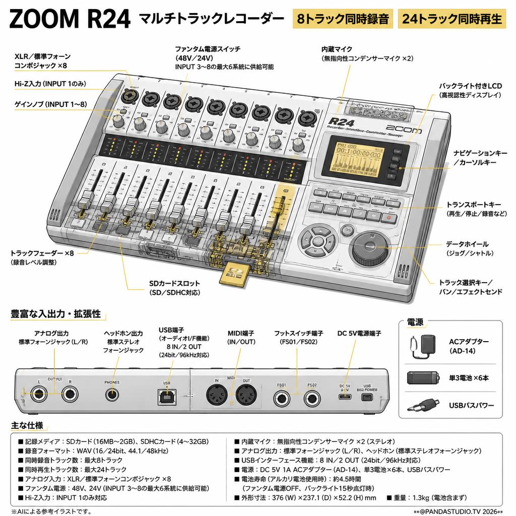 ZOOM  R24 マルチトラックレコーダー 8トラック同時録音 24トラック同時 スペック