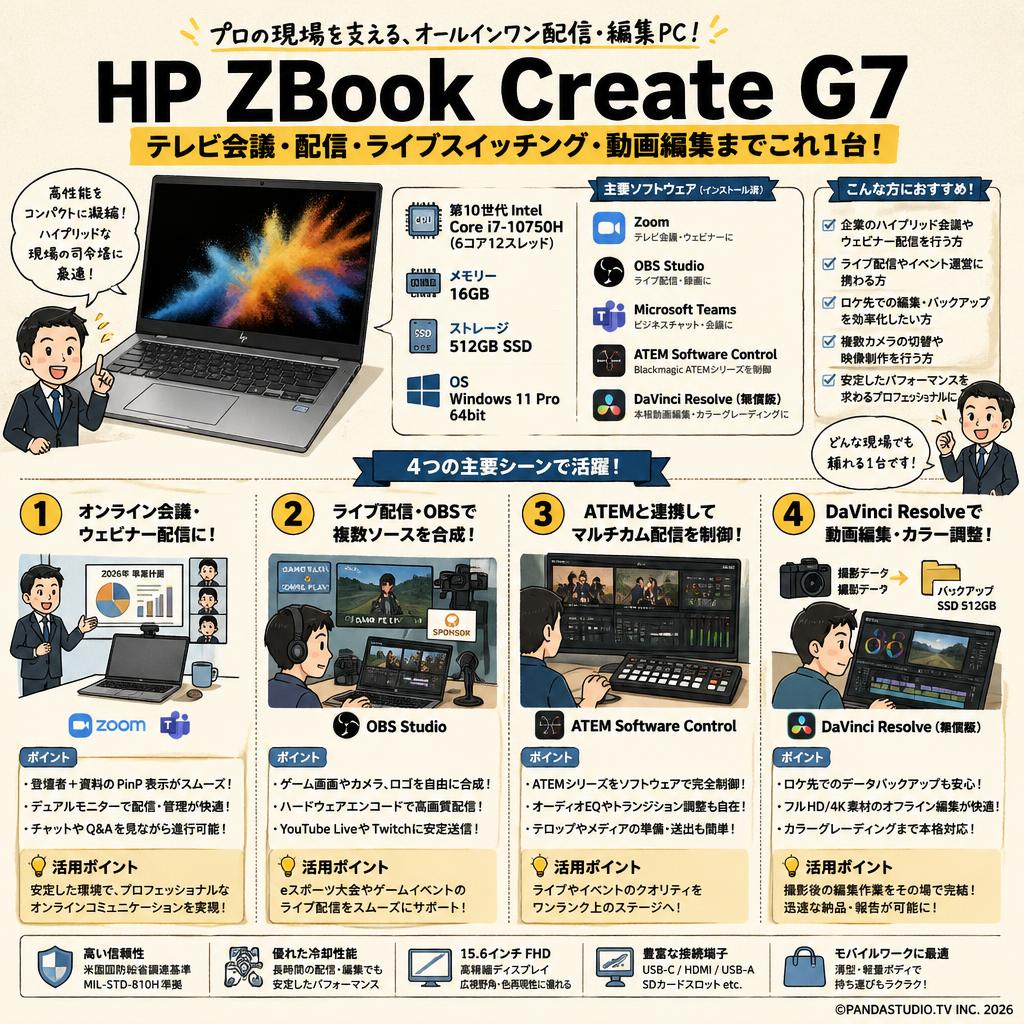 HP ZBook Create G7 【テレビ会議用Zoom / 配信用OBS / Microsoft Teams / ATEM Software Control / 無償版 動画編集DaVinci Resolveインストール済】 （Core i7-10750H  64bit win11 pro 16GBメモリー512GB SSD） 用途
