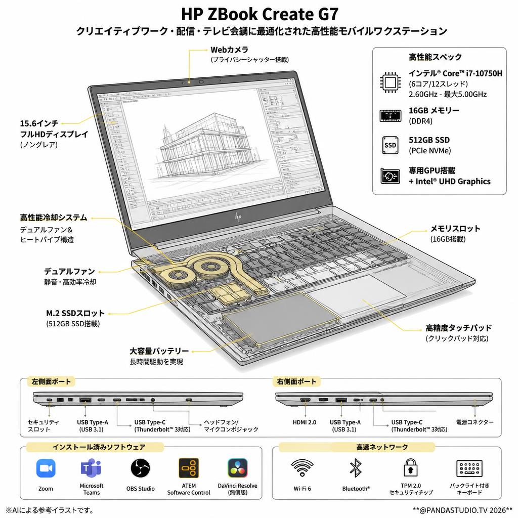 HP ZBook Create G7 【テレビ会議用Zoom / 配信用OBS / Microsoft Teams / ATEM Software Control / 無償版 動画編集DaVinci Resolveインストール済】 （Core i7-10750H  64bit win11 pro 16GBメモリー512GB SSD） スペック