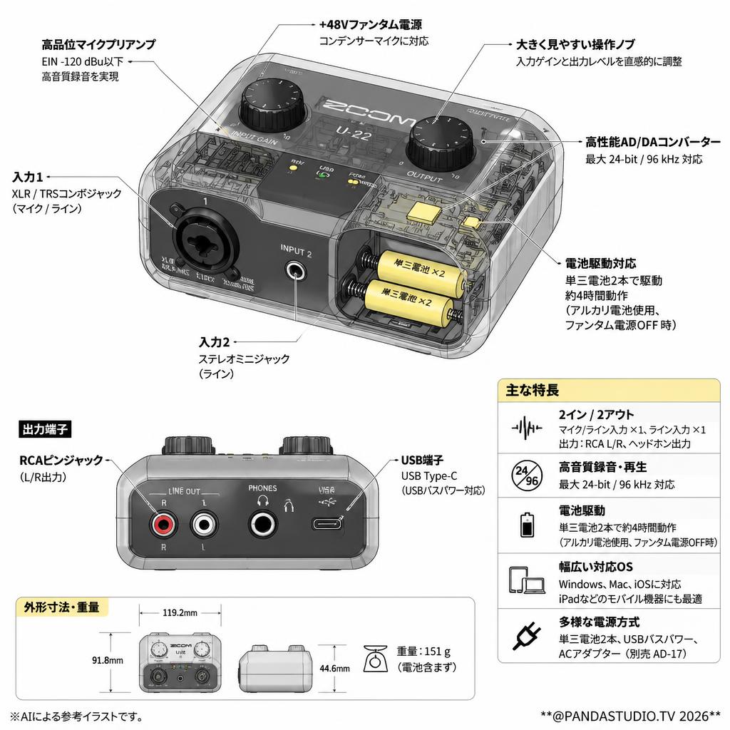 ZOOM U-22 ハンディポータブルオーディオインターフェイス iPad対応 2イン/2アウト 電池駆動 スペック