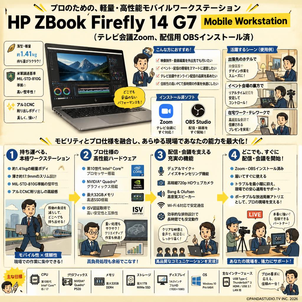 HP ZBook Firefly 14 G7 Mobile Workstation（テレビ会議Zoom、配信用 OBSインストール済） 概要