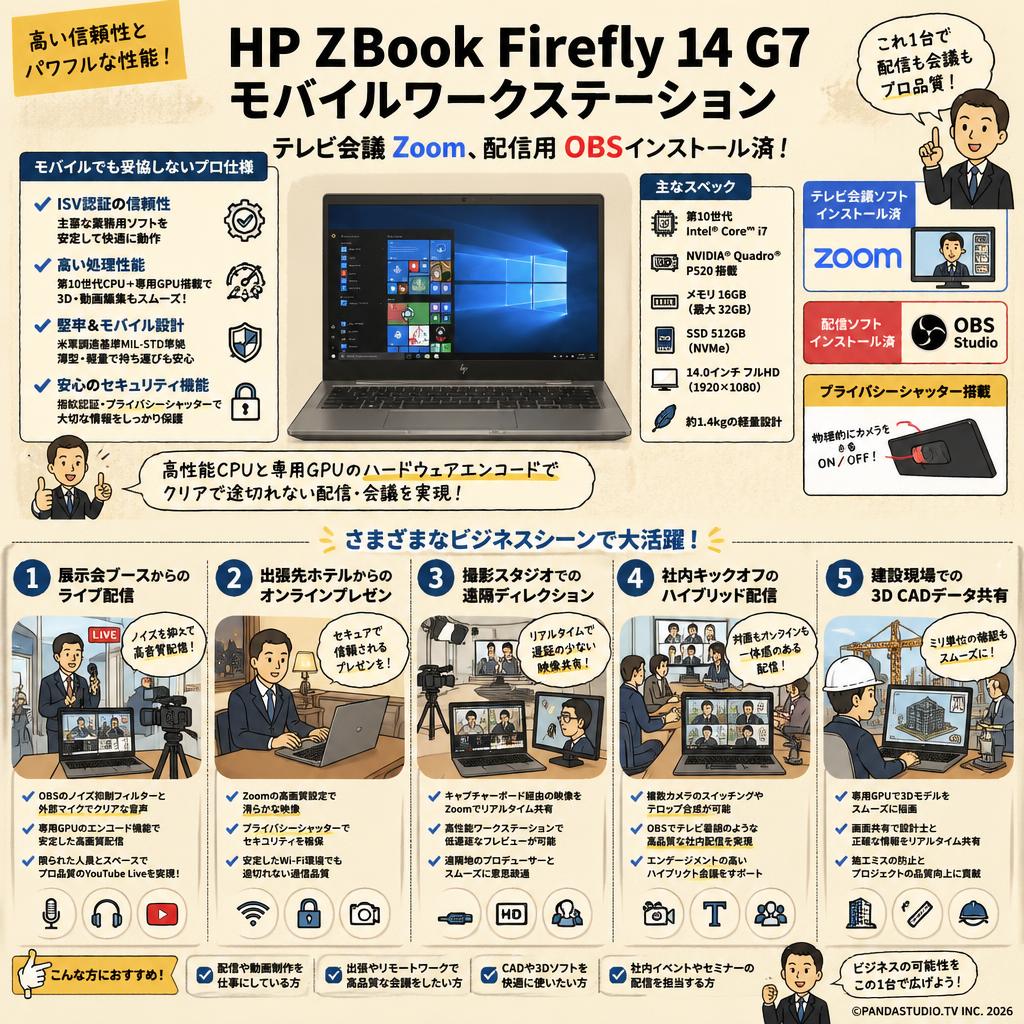 HP ZBook Firefly 14 G7 Mobile Workstation（テレビ会議Zoom、配信用 OBSインストール済） 用途