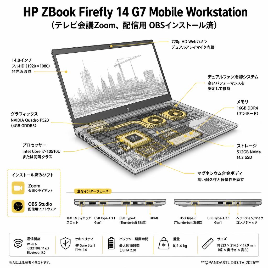HP ZBook Firefly 14 G7 Mobile Workstation（テレビ会議Zoom、配信用 OBSインストール済） スペック