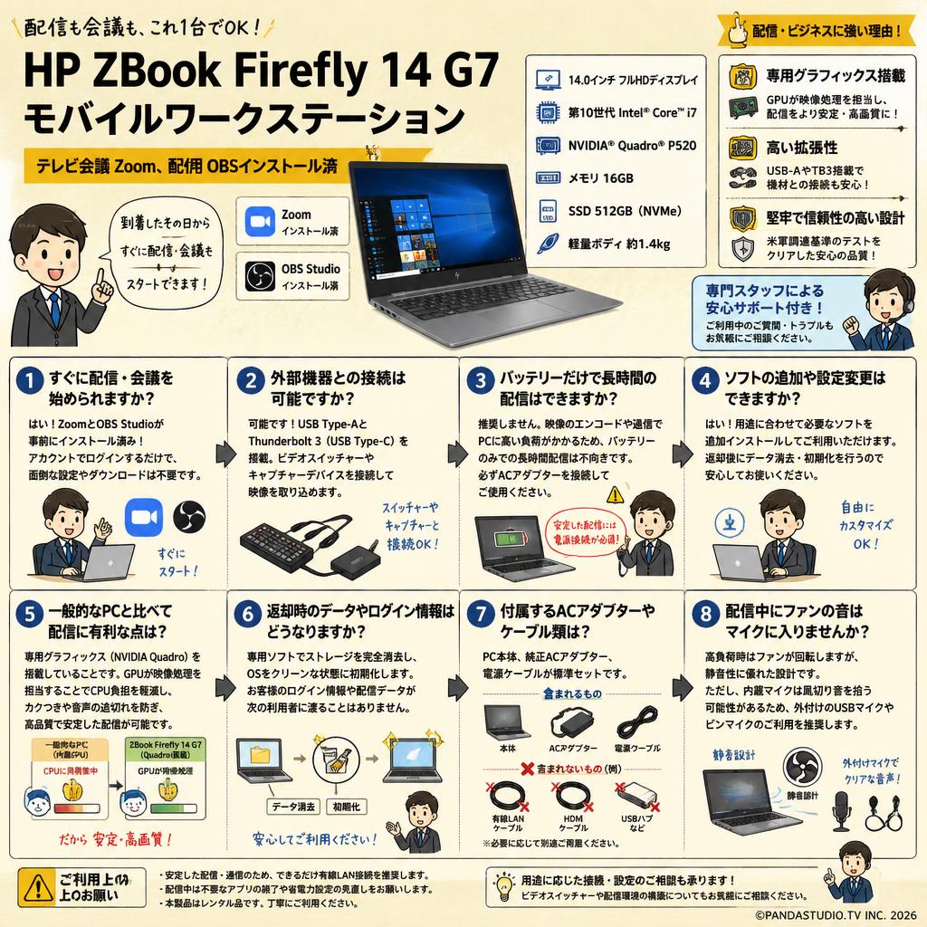 HP ZBook Firefly 14 G7 Mobile Workstation（テレビ会議Zoom、配信用 OBSインストール済） FAQ（よくある質問と答え）