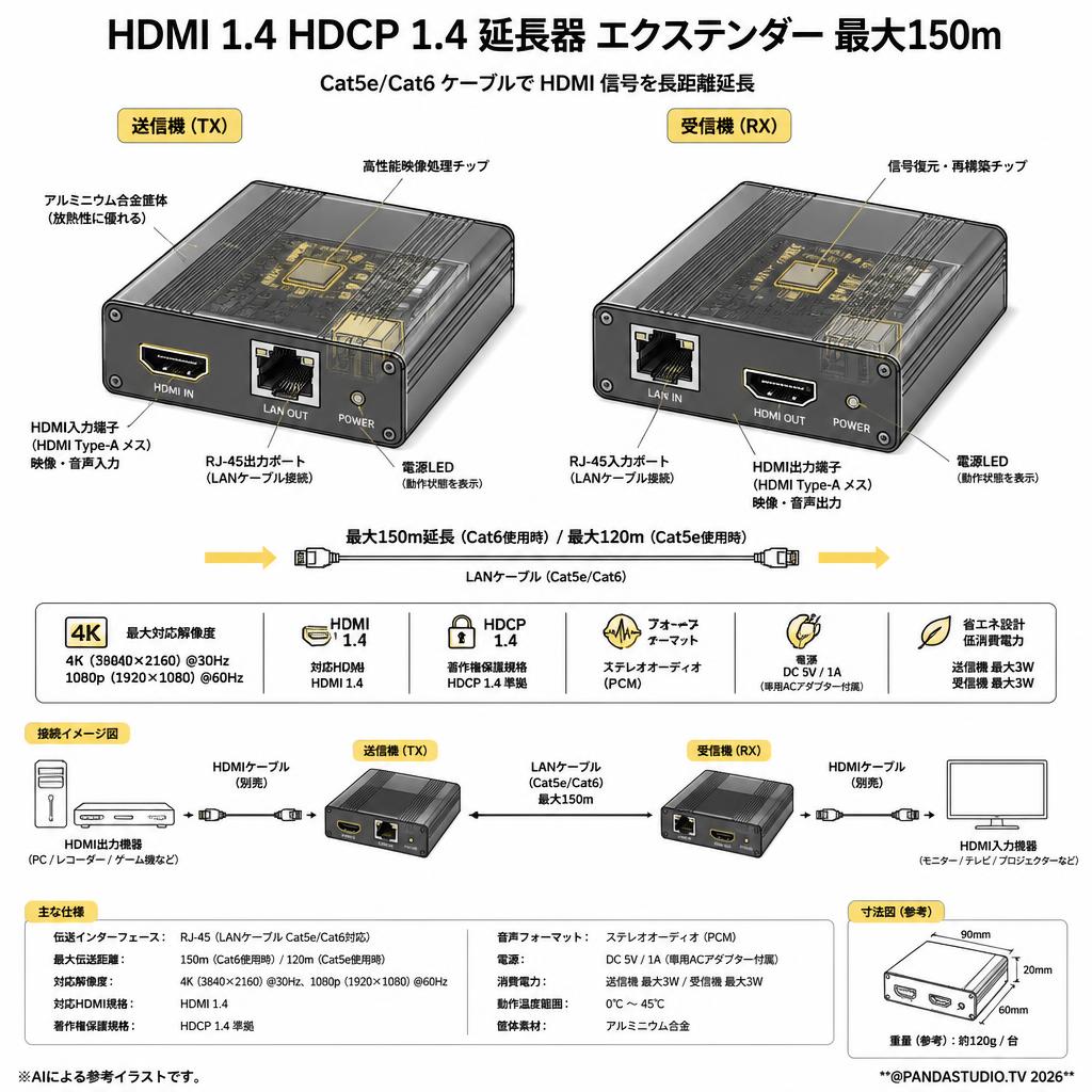 HDMI 1.4 HDCP 1.4 延長器 エクステンダー  最大150m スペック