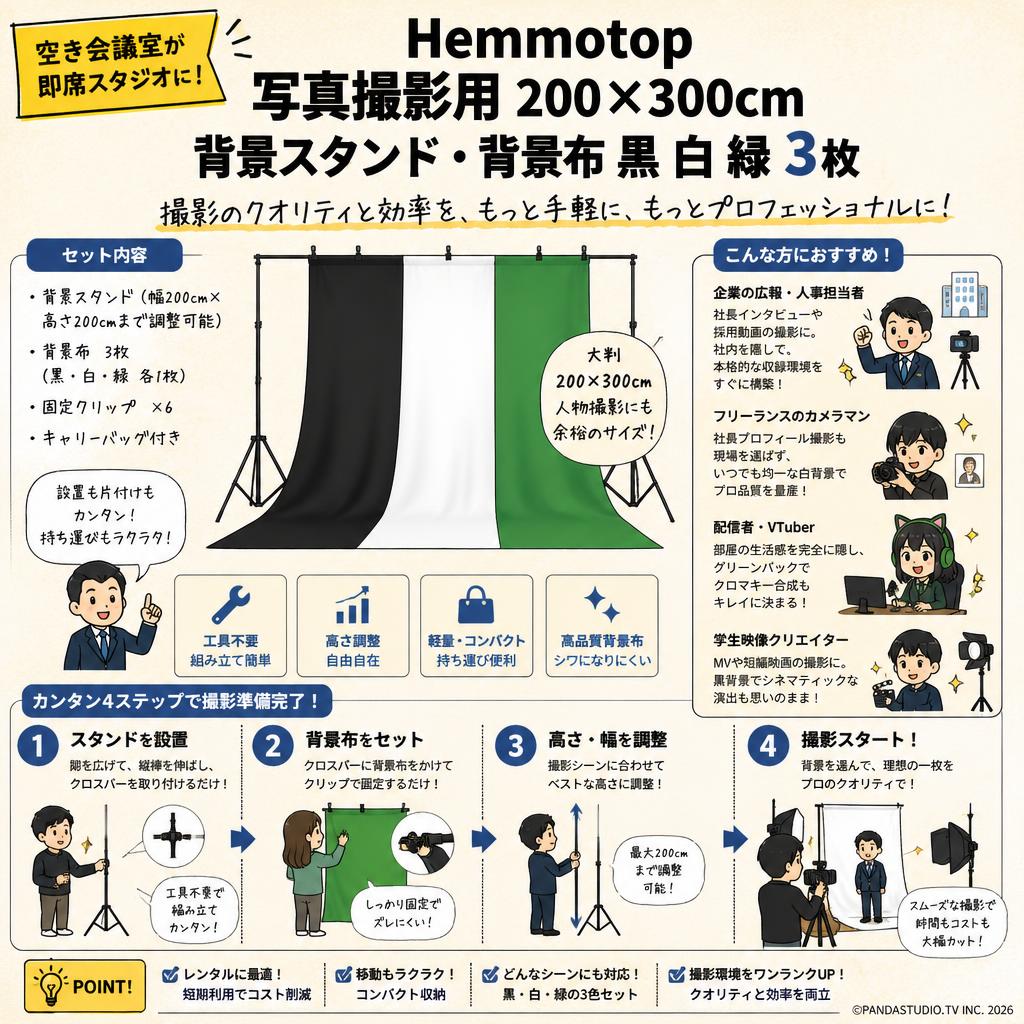 Hemmotop 写真撮影用 200x300cm背景スタンド・背景布 黒 白 緑 3枚