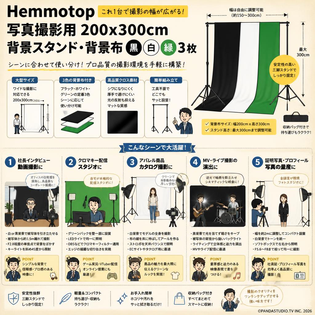 Hemmotop 写真撮影用 200x300cm背景スタンド・背景布 黒 白 緑 3枚
