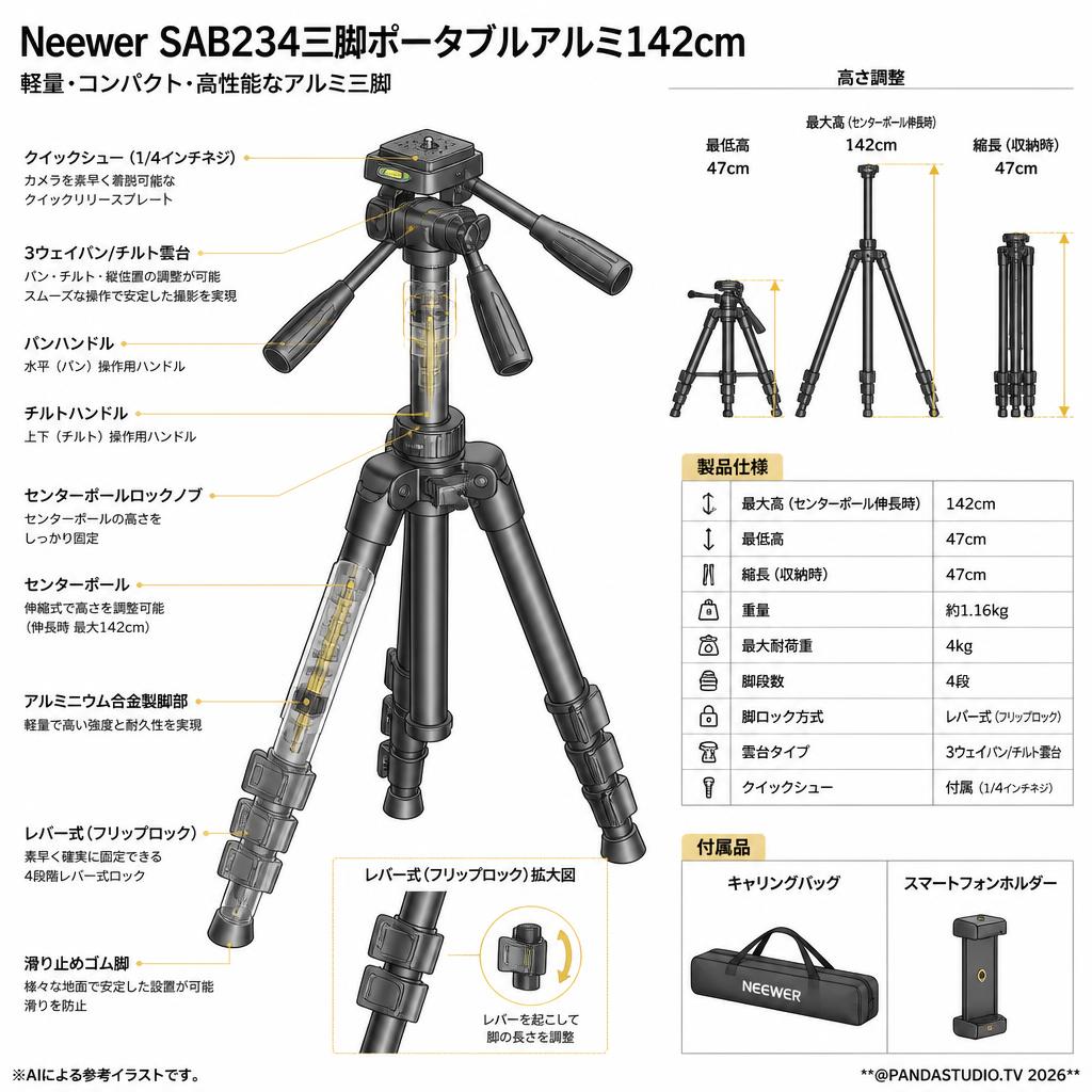 Neewer SAB234三脚ポータブルアルミ142cm スペック