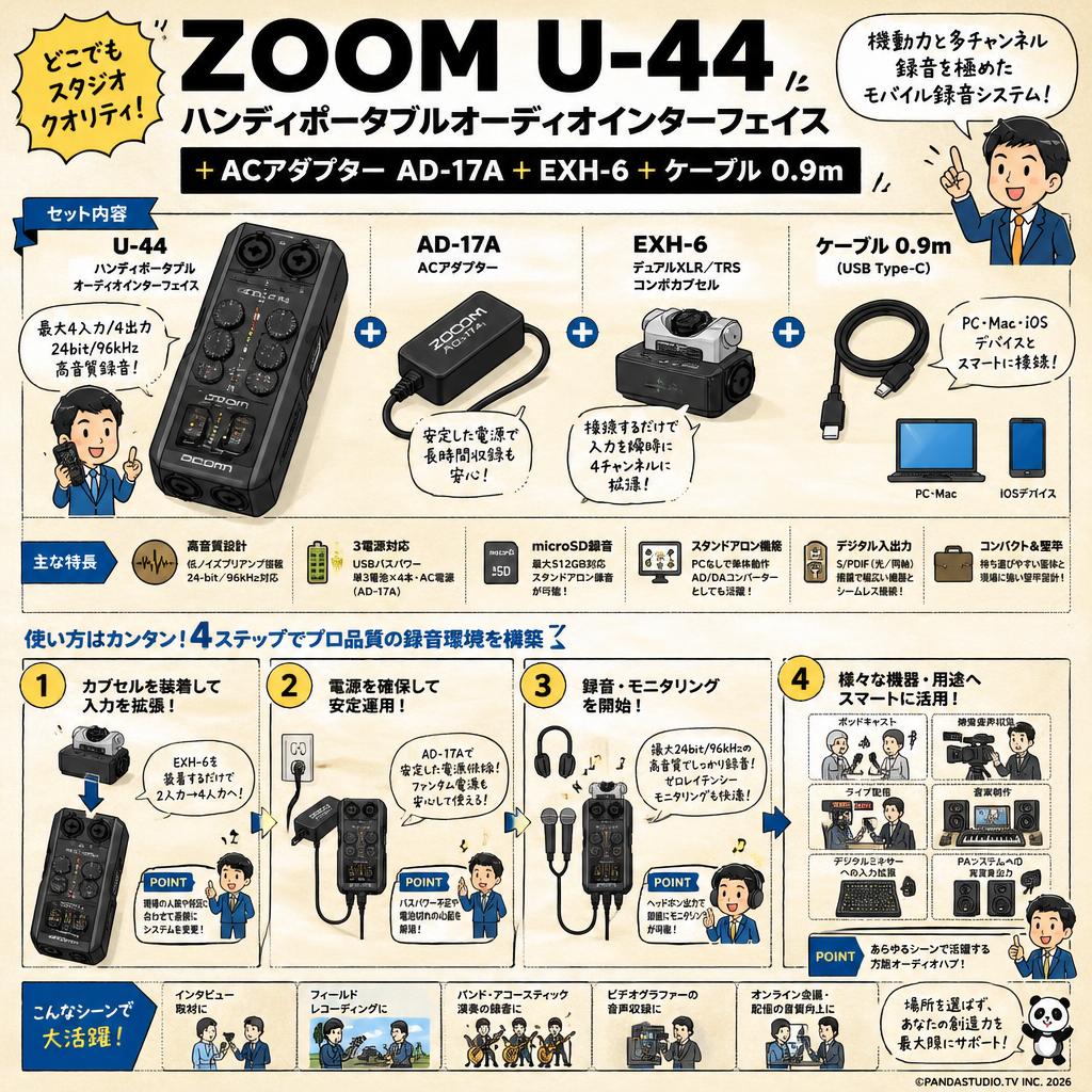 ZOOM U-44  ハンディポータブルオーディオインターフェイス＋ACアダプター AD-17A＋ EXH-6＋ケーブル 0.9m 概要