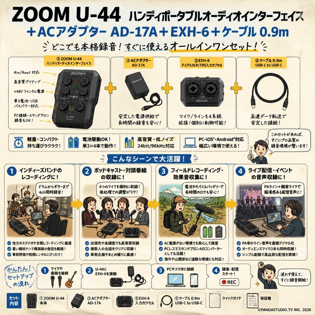 ZOOM U-44  ハンディポータブルオーディオインターフェイス＋ACアダプター AD-17A＋ EXH-6＋ケーブル 0.9m おもな対象のお客様