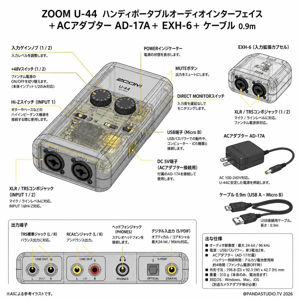 ZOOM U-44  ハンディポータブルオーディオインターフェイス＋ACアダプター AD-17A＋ EXH-6＋ケーブル 0.9m スペック