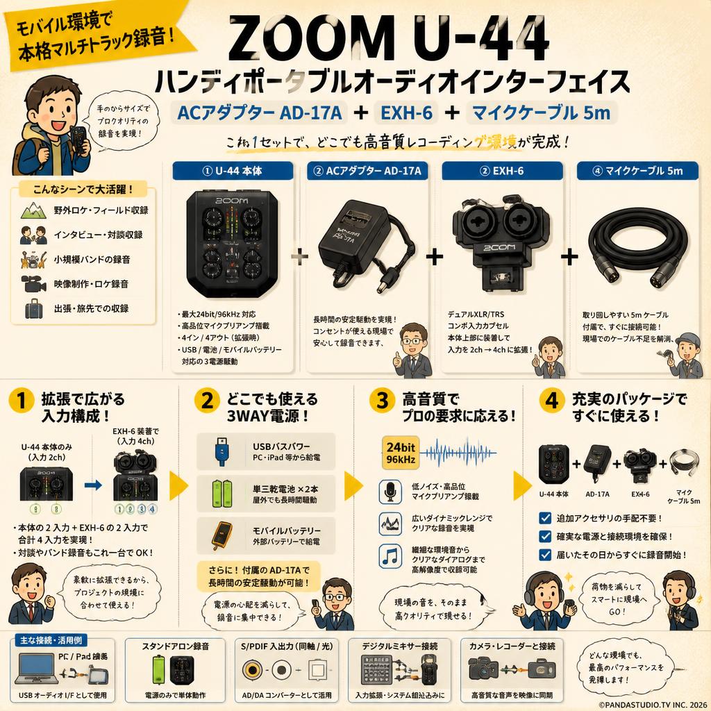 ZOOM U-44  ハンディポータブルオーディオインターフェイス＋ACアダプター AD-17A＋ EXH-6＋マイクケーブル 5m 概要