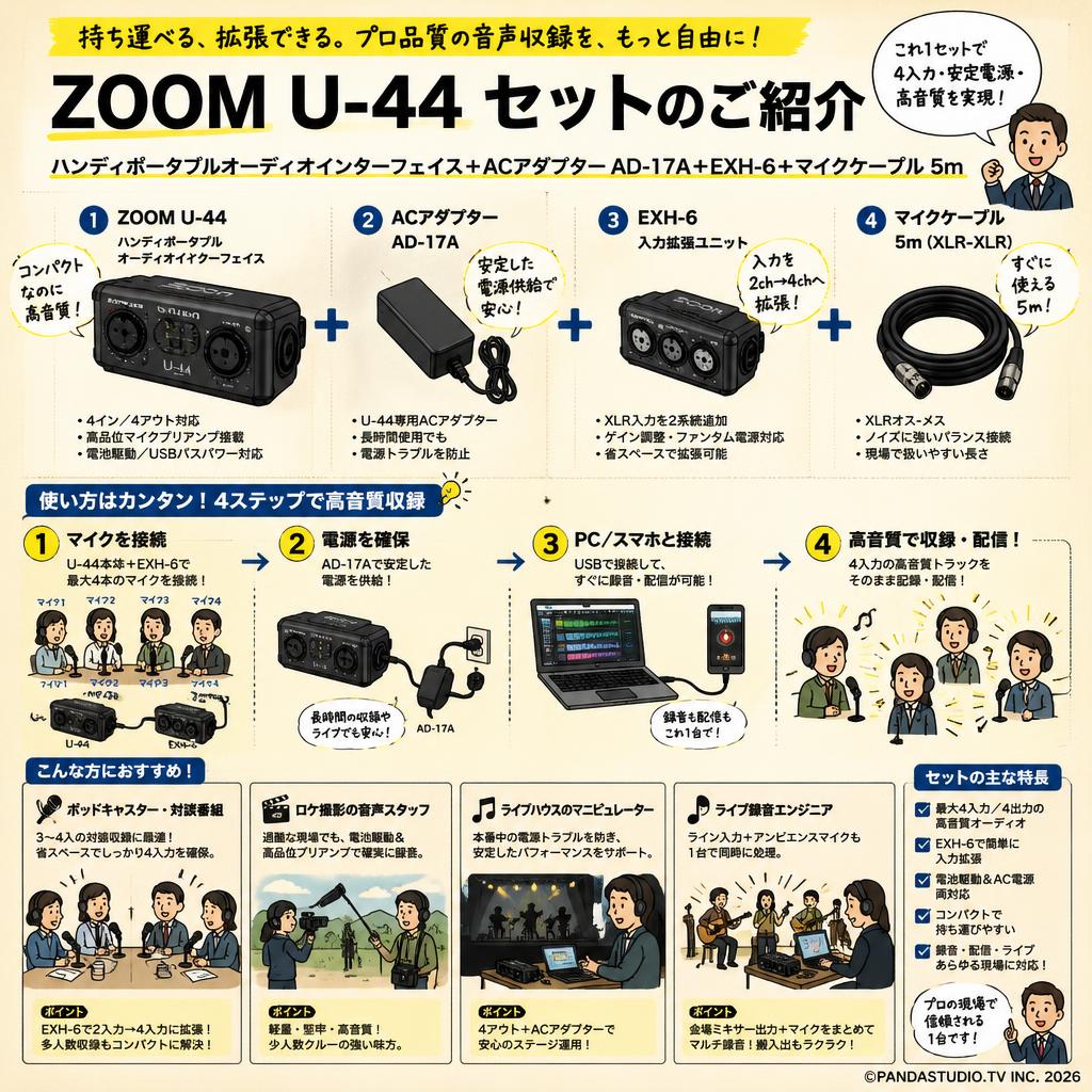 ZOOM U-44  ハンディポータブルオーディオインターフェイス＋ACアダプター AD-17A＋ EXH-6＋マイクケーブル 5m おもな対象のお客様