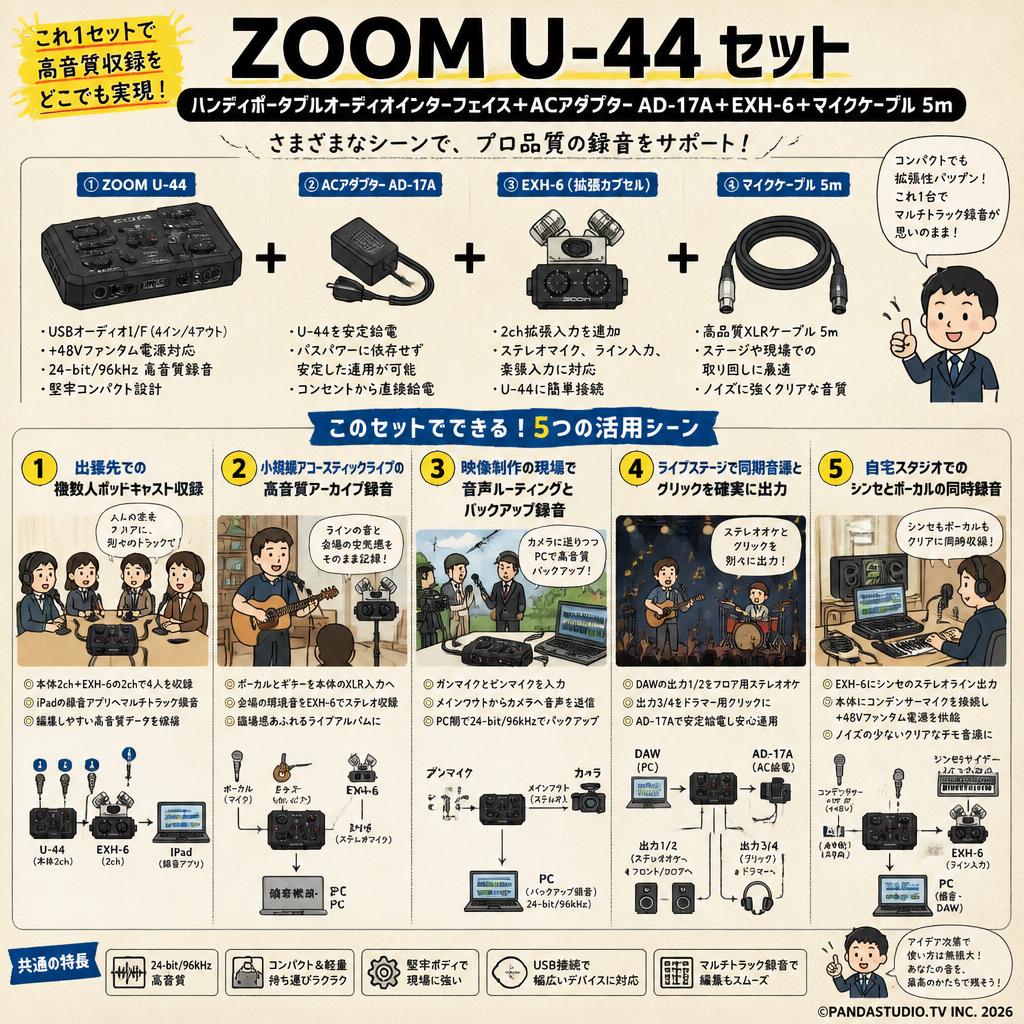 ZOOM U-44  ハンディポータブルオーディオインターフェイス＋ACアダプター AD-17A＋ EXH-6＋マイクケーブル 5m 用途