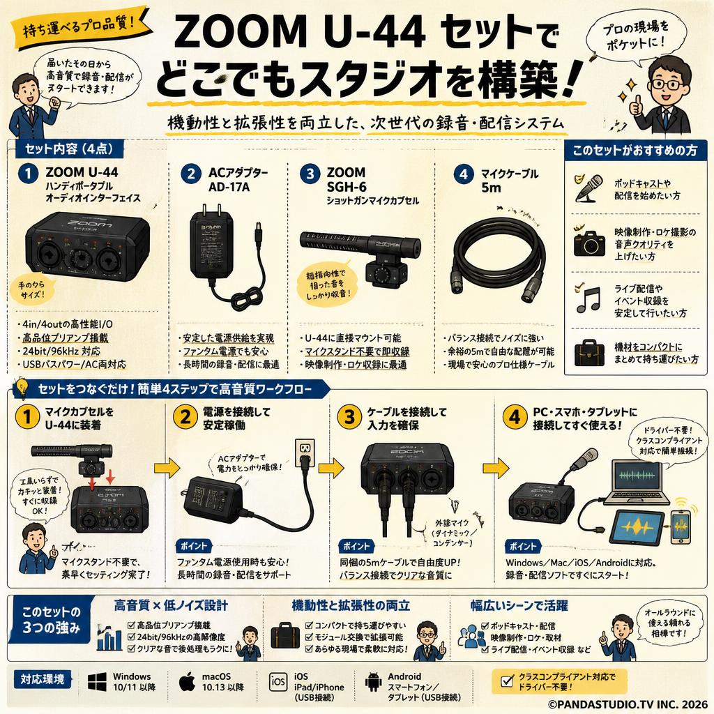 ZOOM U-44  ハンディポータブルオーディオインターフェイス＋ACアダプター AD-17A＋ZOOM  SGH-6 ＋マイクケーブル 5m 概要