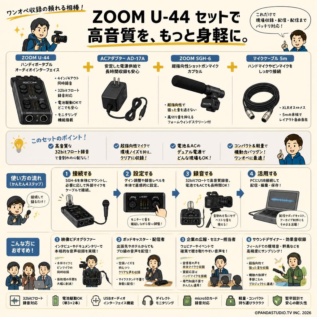 ZOOM U-44  ハンディポータブルオーディオインターフェイス＋ACアダプター AD-17A＋ZOOM  SGH-6 ＋マイクケーブル 5m おもな対象のお客様