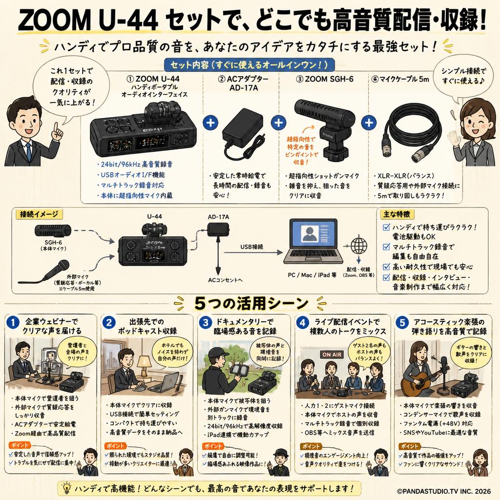 ZOOM U-44  ハンディポータブルオーディオインターフェイス＋ACアダプター AD-17A＋ZOOM  SGH-6 ＋マイクケーブル 5m 用途