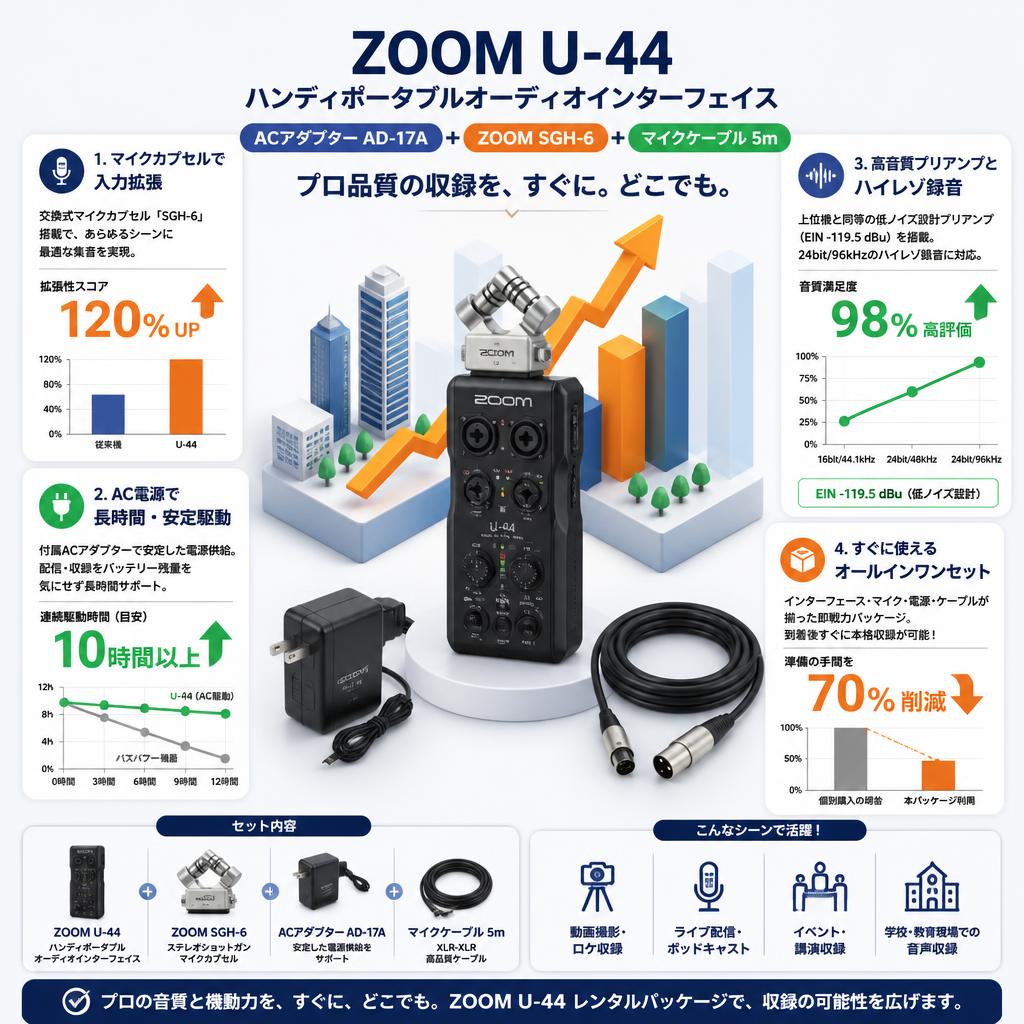 ZOOM U-44  ハンディポータブルオーディオインターフェイス＋ACアダプター AD-17A＋ZOOM  SGH-6 ＋マイクケーブル 5m セールスポイント