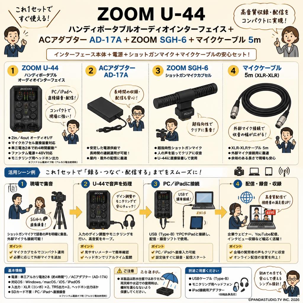 ZOOM U-44  ハンディポータブルオーディオインターフェイス＋ACアダプター AD-17A＋ZOOM  SGH-6 ＋マイクケーブル 5m FAQ（よくある質問と答え）