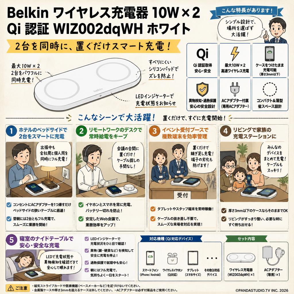 Belkin ワイヤレス充電器 10W x 2 Qi認証 WIZ002dqWH ホワイト 用途
