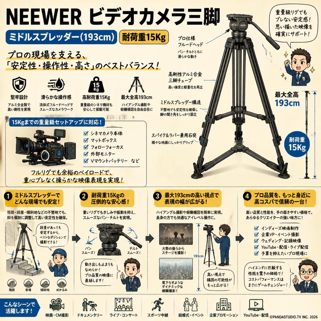 NEEWER ビデオカメラ三脚 ミドルスプレッダー(193cm) 耐荷重15Kg 概要