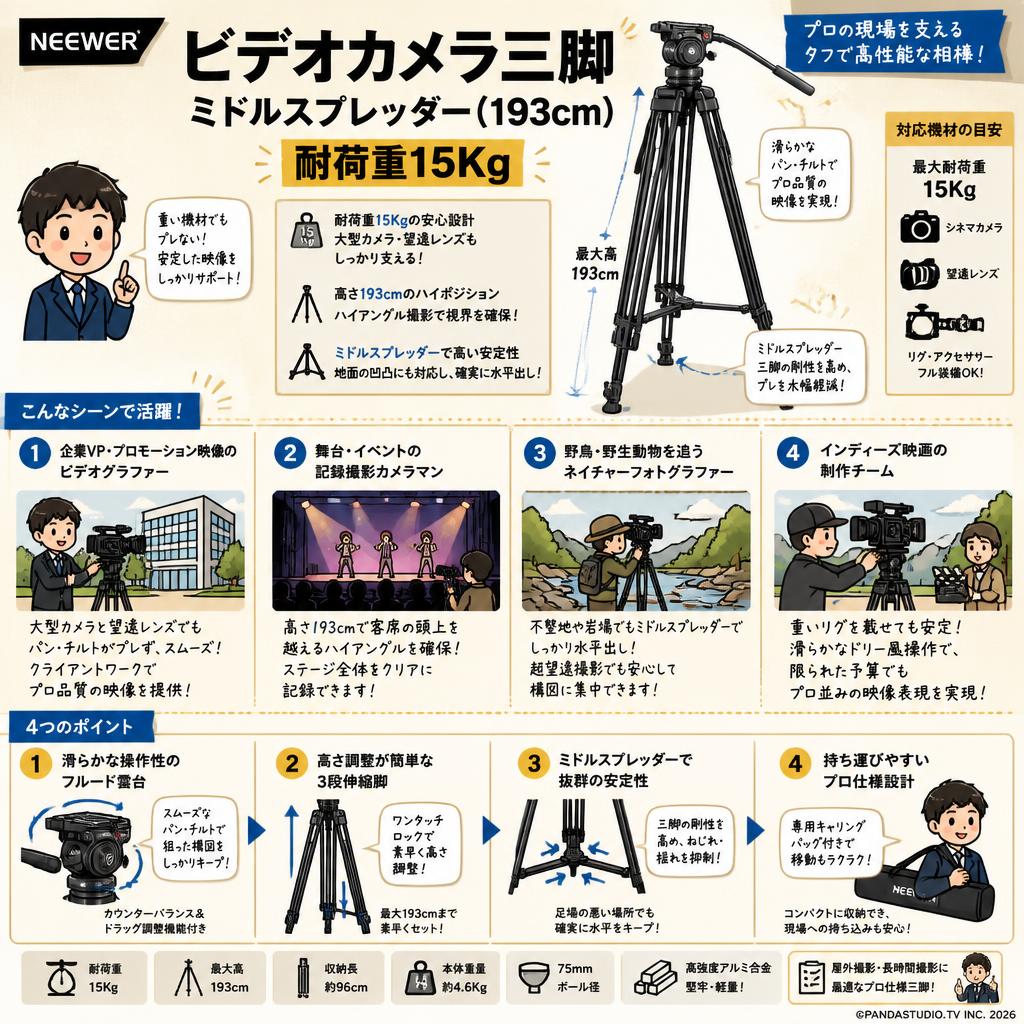 NEEWER ビデオカメラ三脚 ミドルスプレッダー(193cm) 耐荷重15Kg おもな対象のお客様