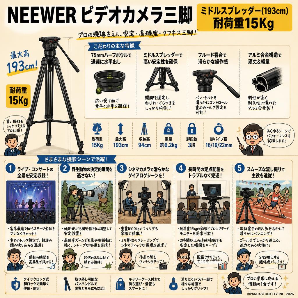 NEEWER ビデオカメラ三脚 ミドルスプレッダー(193cm) 耐荷重15Kg 用途