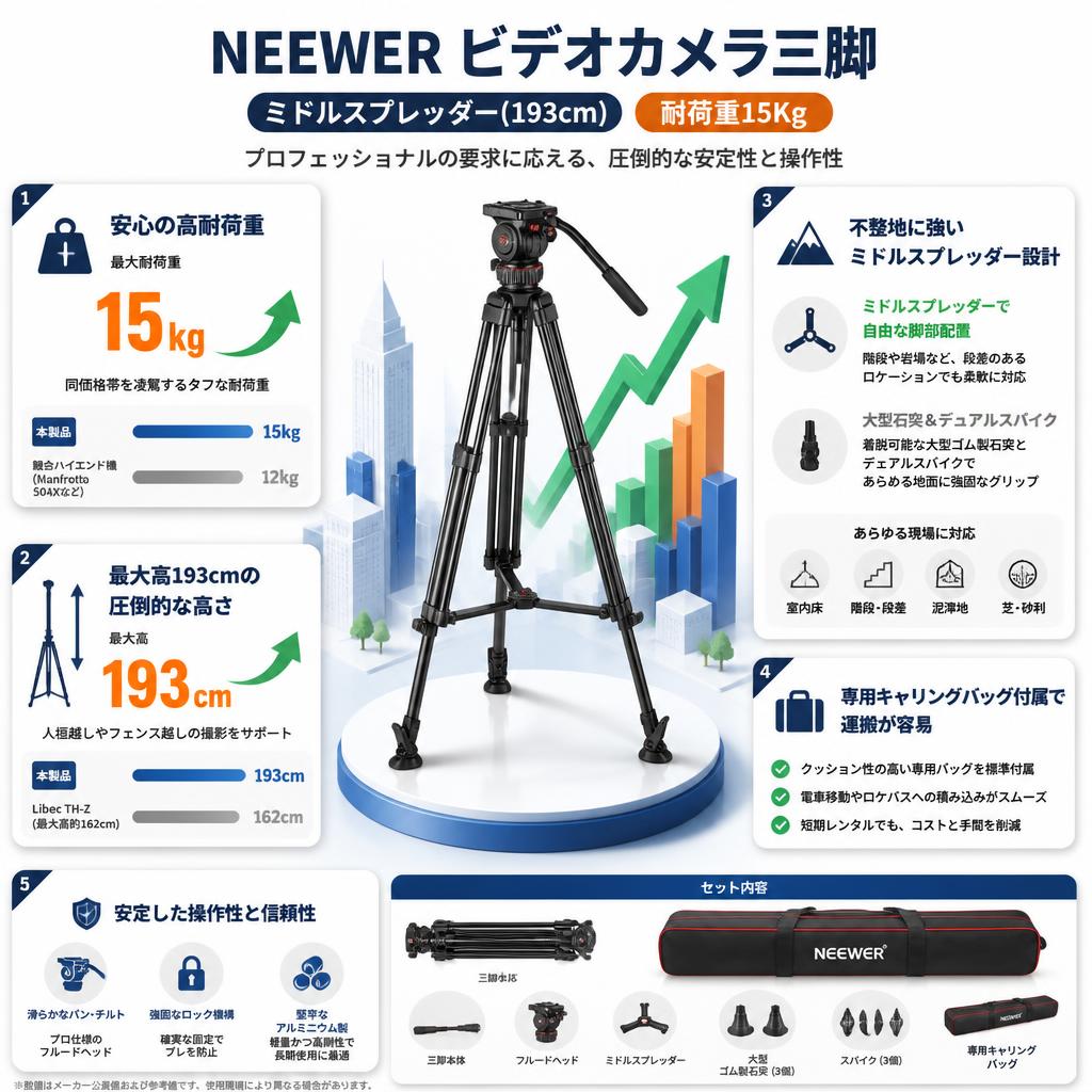 NEEWER ビデオカメラ三脚 ミドルスプレッダー(193cm) 耐荷重15Kg セールスポイント