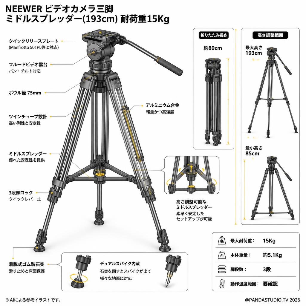 NEEWER ビデオカメラ三脚 ミドルスプレッダー(193cm) 耐荷重15Kg スペック
