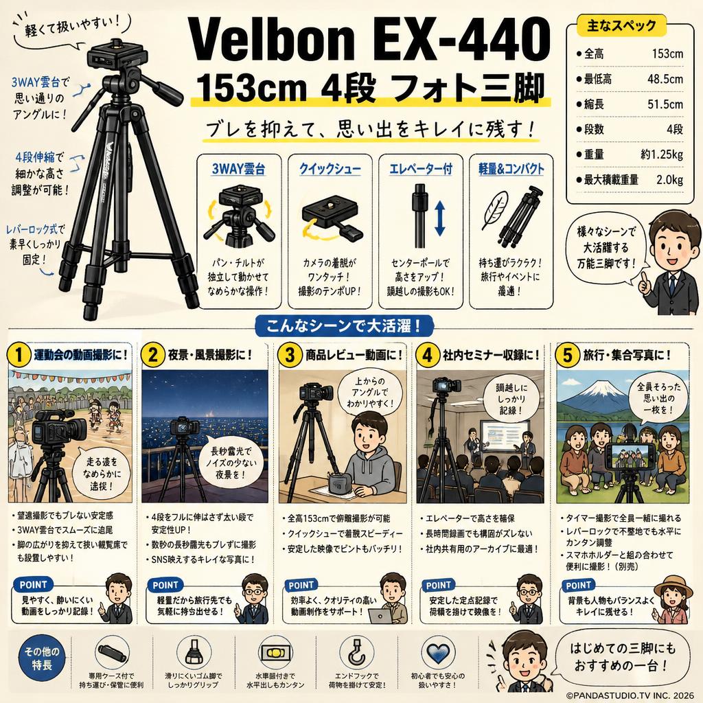 Velbon EX-440 153cm 4段 フォト三脚 用途
