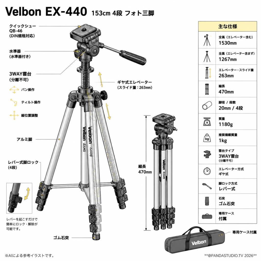 Velbon EX-440 153cm 4段 フォト三脚 スペック