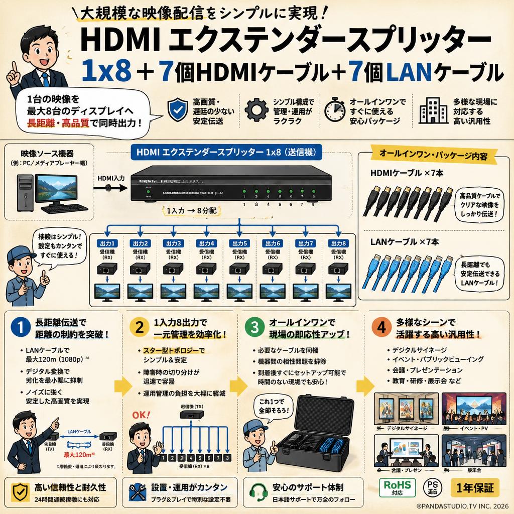HDMI エクステンダースプリッター 1x8＋7個HDMIケーブル＋7個LANケーブル 概要