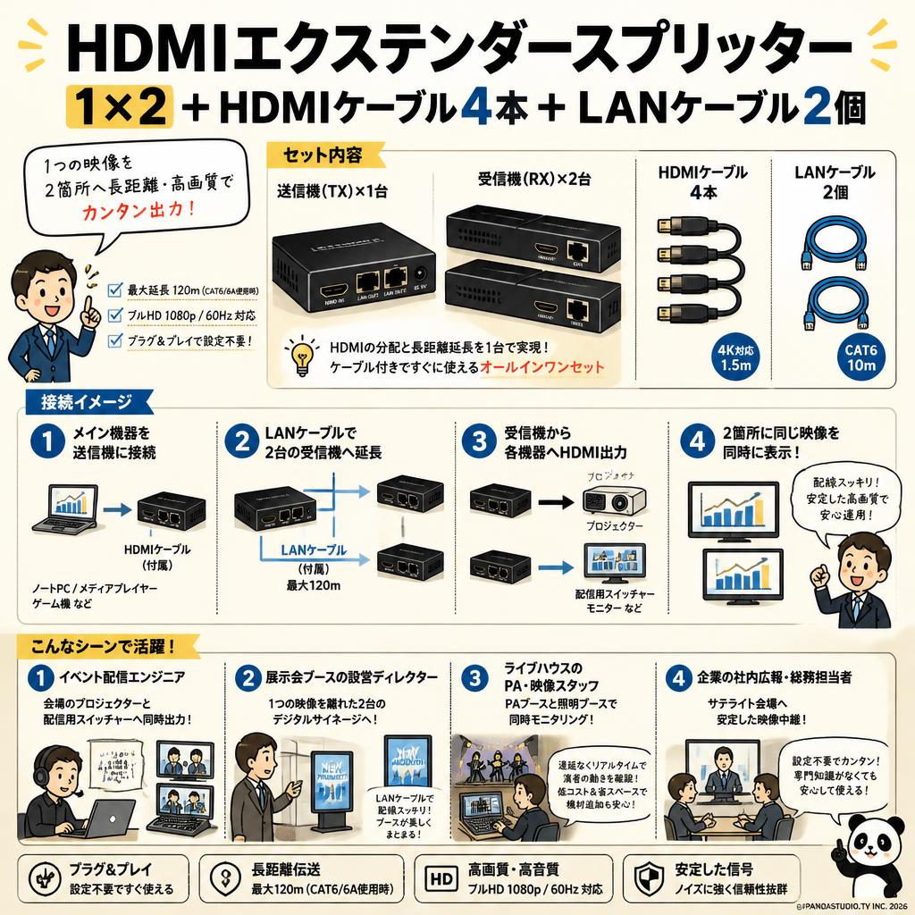 HDMIエクステンダースプリッター1×2＋HDMIケーブル4本＋LANケーブル2個 おもな対象のお客様