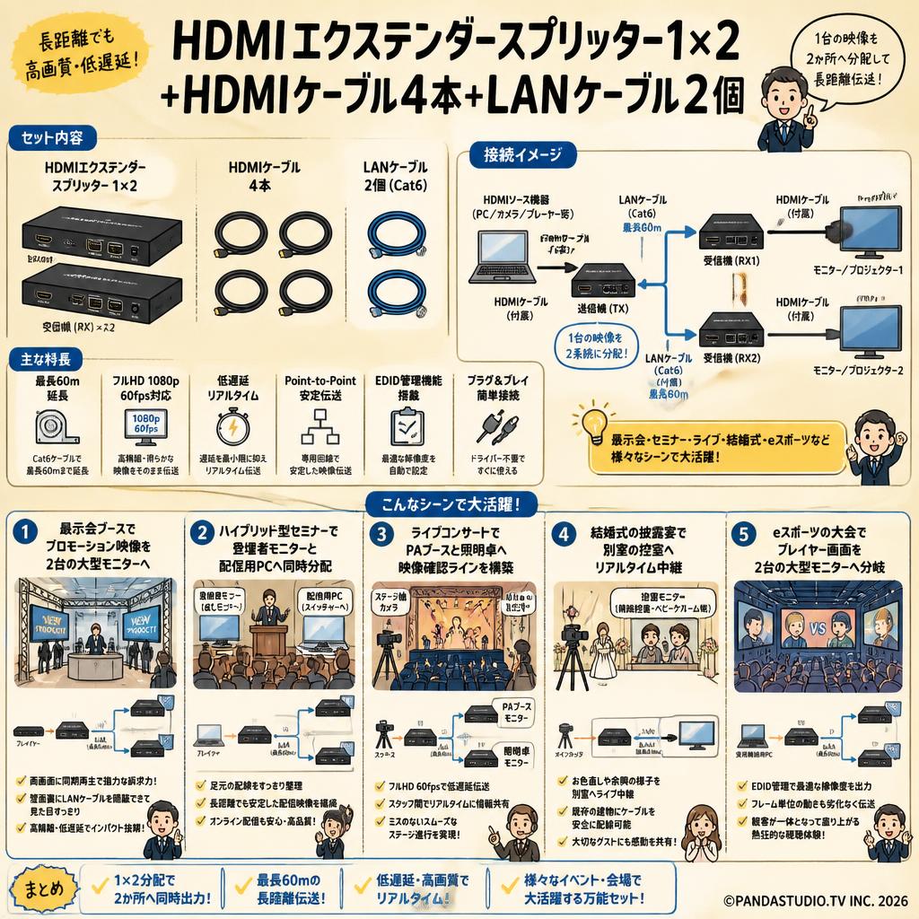 HDMIエクステンダースプリッター1×2＋HDMIケーブル4本＋LANケーブル2個 用途