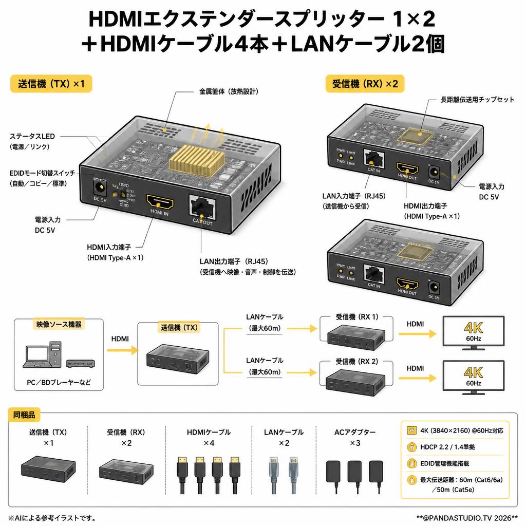 HDMIエクステンダースプリッター1×2＋HDMIケーブル4本＋LANケーブル2個 スペック