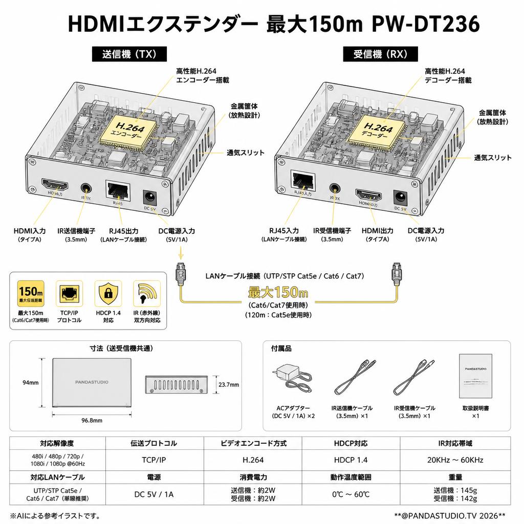 HDMIエクステンダー 最大150m PW-DT236 スペック