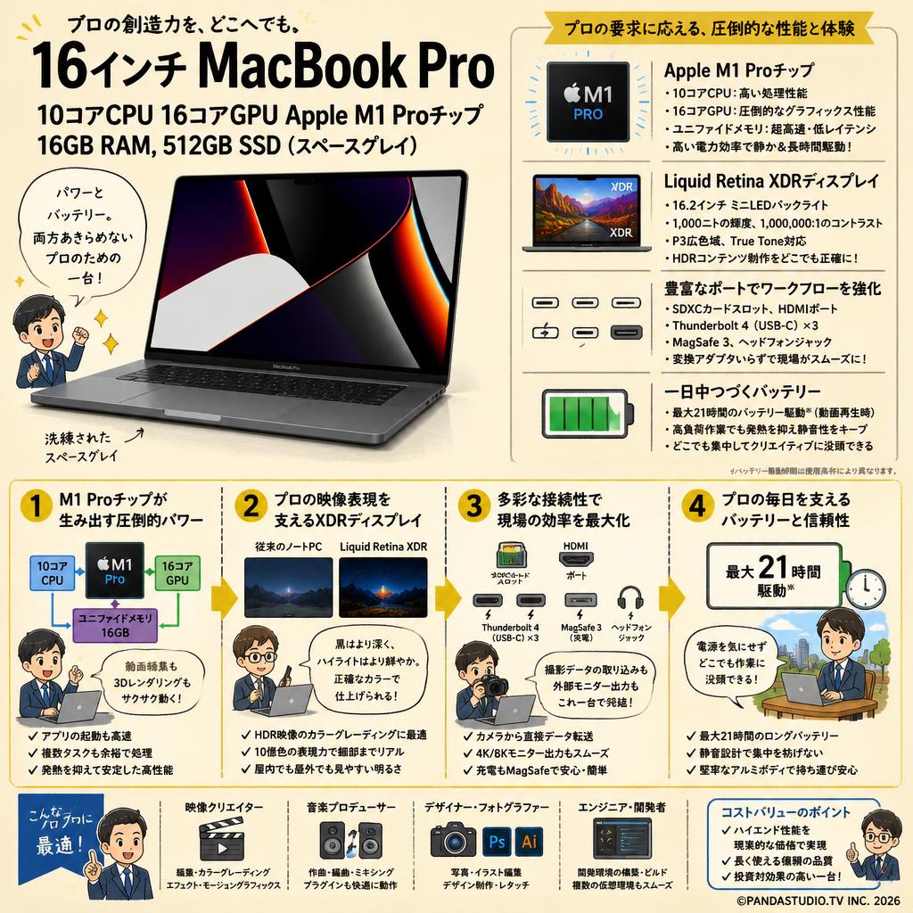 16インチ MacBook Pro 10コアCPU 16コアGPU Apple M1 Proチップ 16GB RAM, 512GB SSD（スペースグレイ) 概要