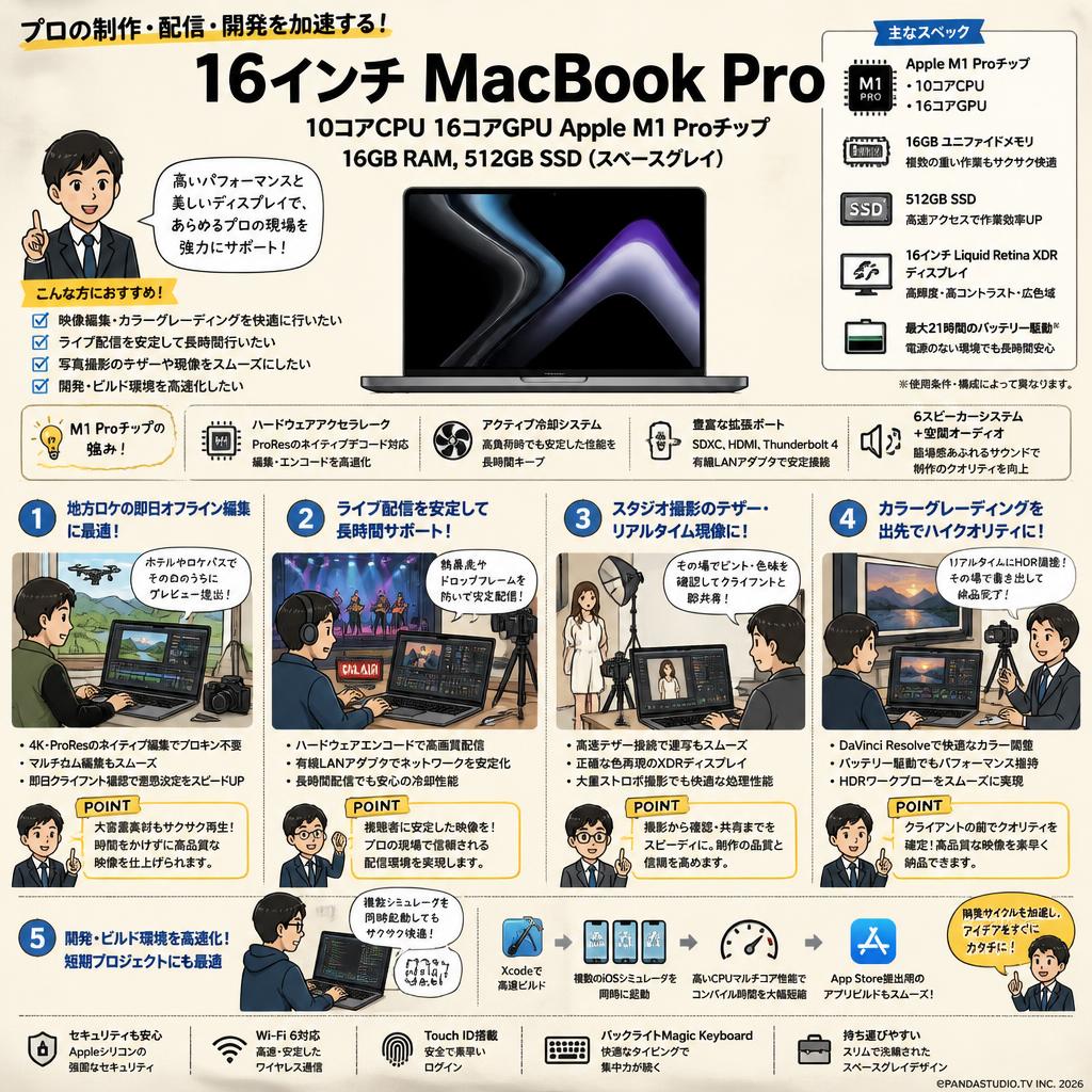 16インチ MacBook Pro 10コアCPU 16コアGPU Apple M1 Proチップ 16GB RAM, 512GB SSD（スペースグレイ) 用途